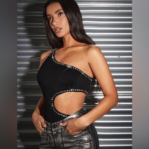 One Shoulder Cutout Rhinestone Bodycon Bodysuit